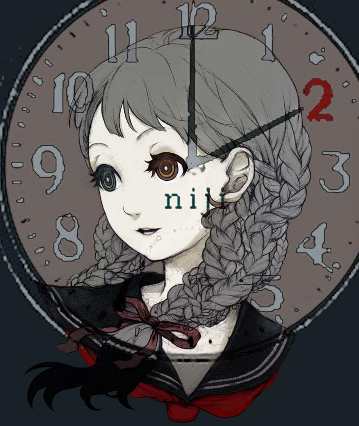 niji, braid, clock, grey hair, heterochromia, school uniform, serafuku, solo
