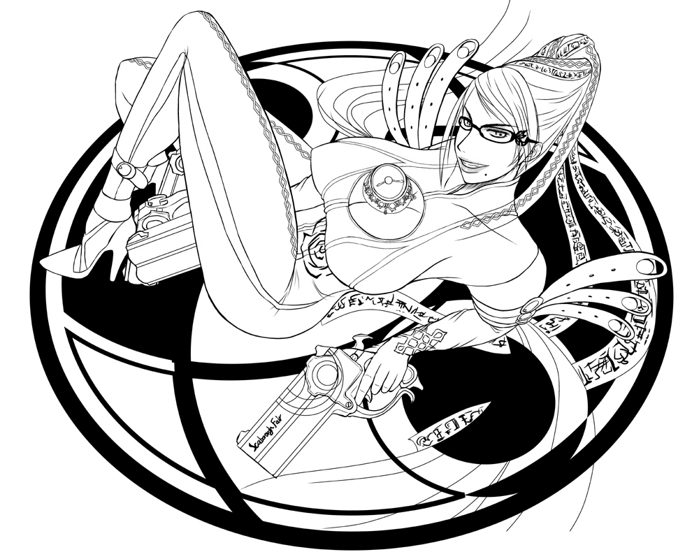 ice (seriousgraphics), bayonetta, bayonetta (series), bodysuit, cleavage cutout, clothing cutout, glasses, gun, high heels, long hair, lying, mole, ribbon, shoes, weapon