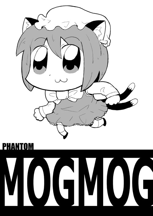 bkub, chen, touhou, 1girl, :3, dress, earrings, female focus, greyscale, hat, jewelry, monochrome, multiple tails, ribbon, solo, tail, white background