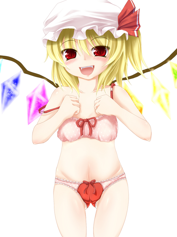 negamaro, flandre scarlet, touhou, 1girl, blonde hair, fangs, female focus, hat, panties, ponytail, red eyes, short hair, side ponytail, simple background, solo, underwear, white background, wings