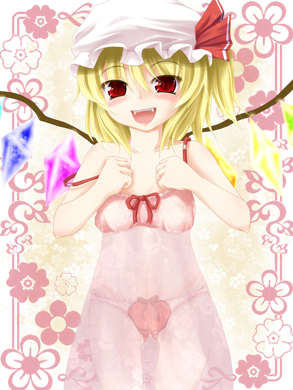 negamaro, flandre scarlet, touhou, 1girl, blonde hair, fangs, female focus, flower, gradient background, hat, panties, plant, ponytail, red eyes, short hair, side ponytail, solo, underwear, wings