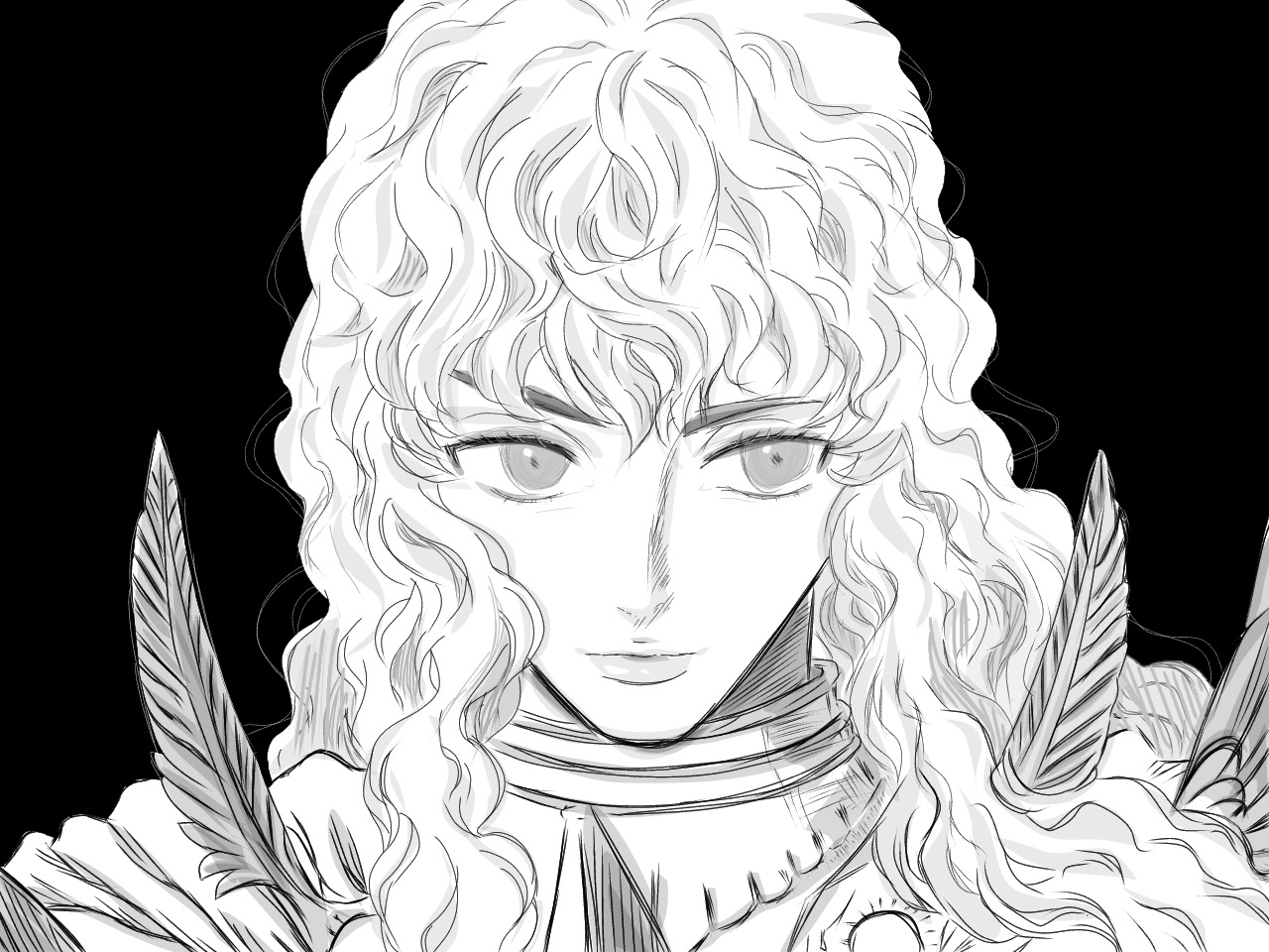 griffith (berserk), berserk, commentary request, tagme, 1boy, armor, black background, feathers, greyscale, male focus, medium hair, monochrome, thick lips, wavy hair, zenchan 09