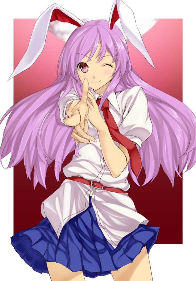 unowen, reisen udongein inaba, touhou, 1girl, animal ears, belt, female focus, finger gun, long hair, necktie, one eye closed, pink eyes, pink hair, pointing, purple hair, rabbit ears, red necktie, school uniform, solo, wink