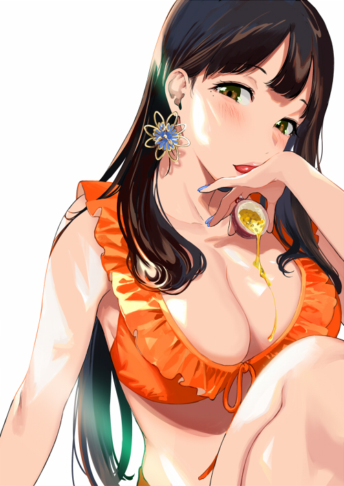 sasamori tomoe, commentary request, 1girl, amami mayumu, bikini, black hair, blue nails, breasts, cleavage, earrings, front-tie bikini top, front-tie top, gaming harem, jewelry, large breasts, long hair, looking at viewer, orange bikini, pouring, pouring onto self, simple background, solo, swimsuit, white background
