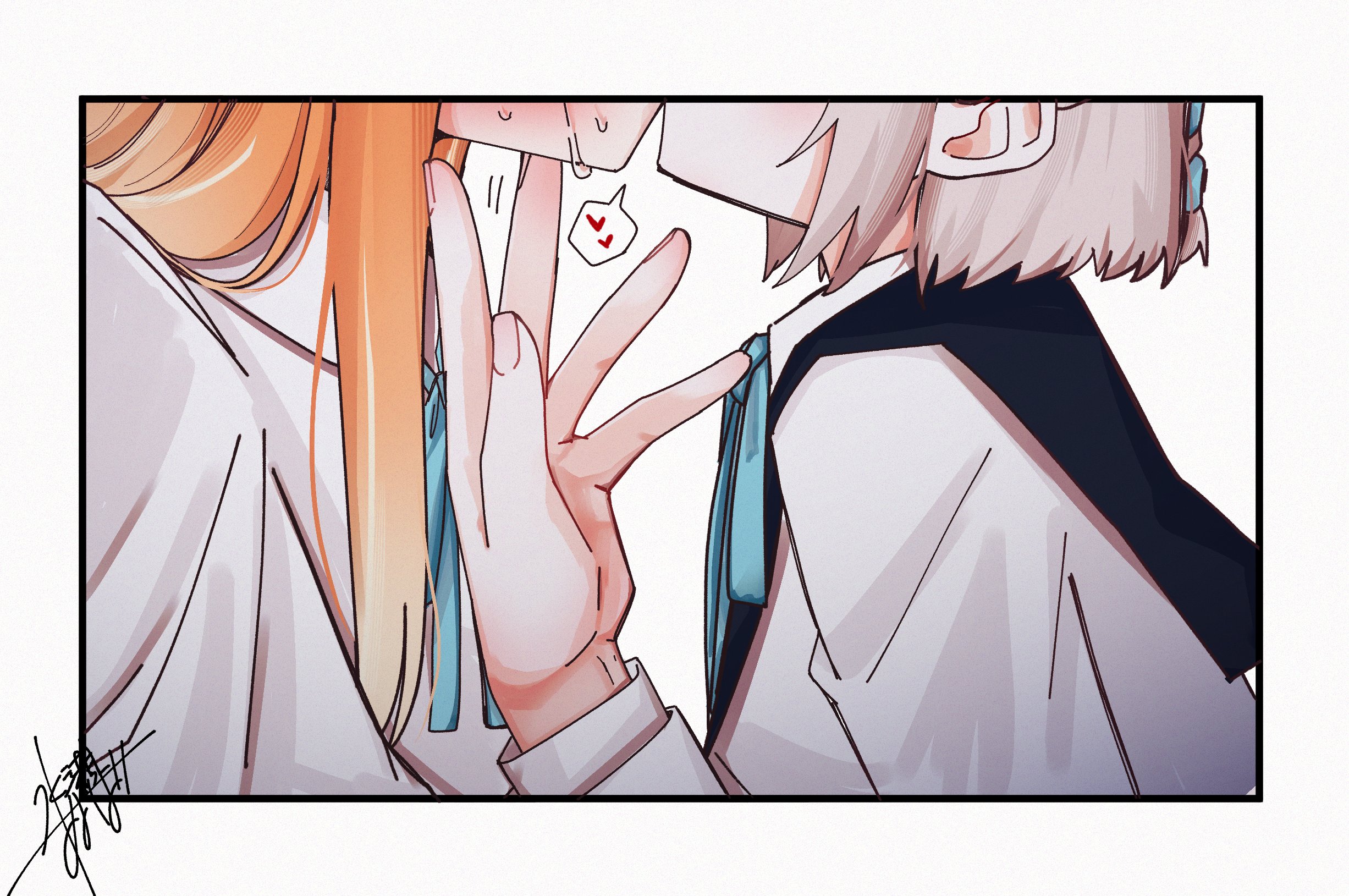 h77kobato, katsuragi lilja, shiun sumika, gakuen idolmaster, idolmaster, commentary request, highres, 2girls, blue ribbon, hand on another's chin, heart, kiss, long hair, multiple girls, neck ribbon, orange hair, ribbon, saliva, shirt, simple background, spoken heart, white background, white hair, white shirt, yuri