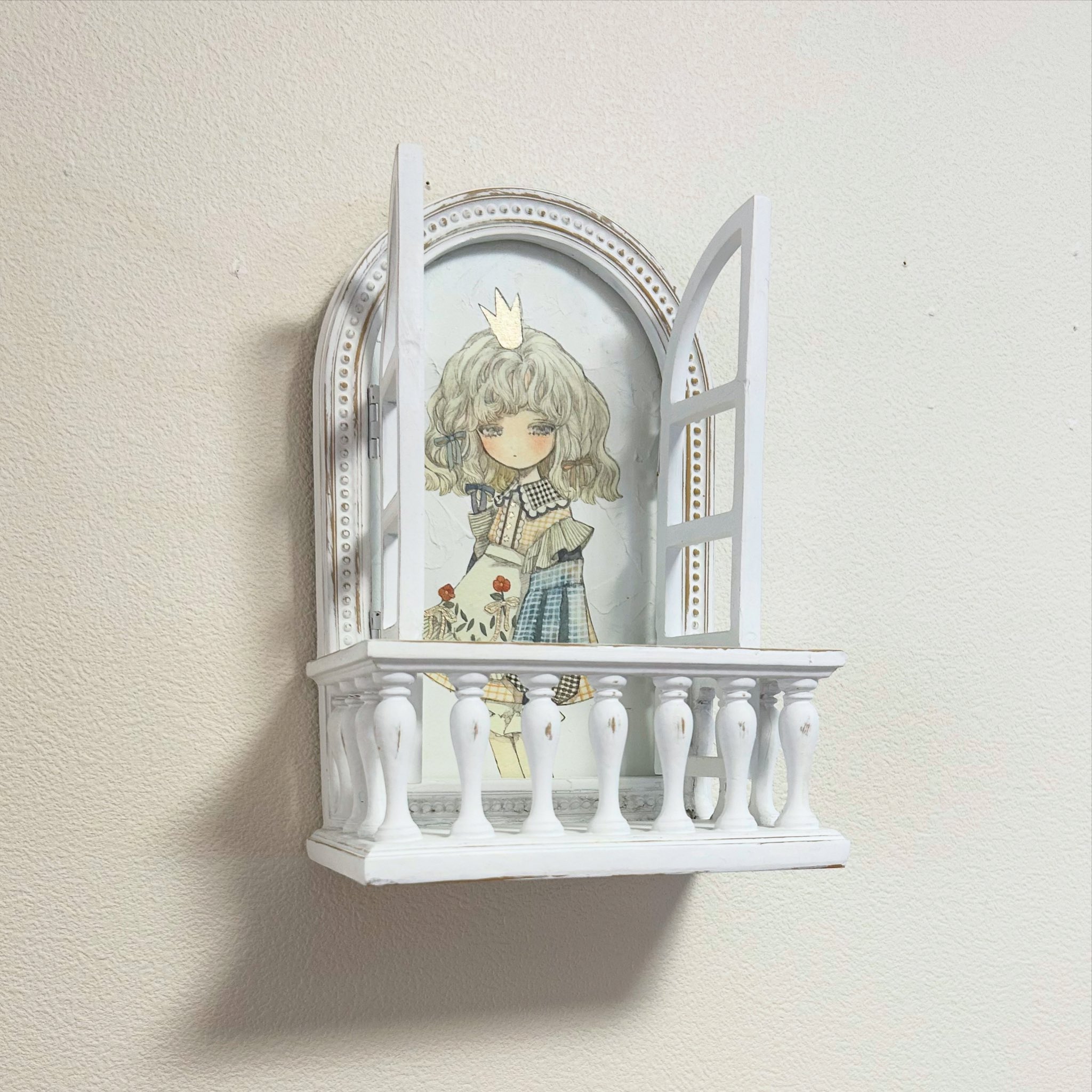 karintoun, original, acrylic paint (medium), commentary request, highres, painting (medium), photo (medium), traditional media, watercolor (medium), 1girl, apron, balcony, bare legs, bloomers, blue sleeves, blunt bangs, blush, border, bow, closed mouth, collared shirt, crown, curly hair, dress, feet out of frame, floral print, frilled apron, frills, gingham clothes, gingham dress, grey eyes, hair bow, half-closed eyes, long eyelashes, long sleeves, looking at viewer, medium hair, pale skin, patchwork clothes, postmark, shirt, solo, standing, straight-on, underwear, wavy hair, white apron, white background