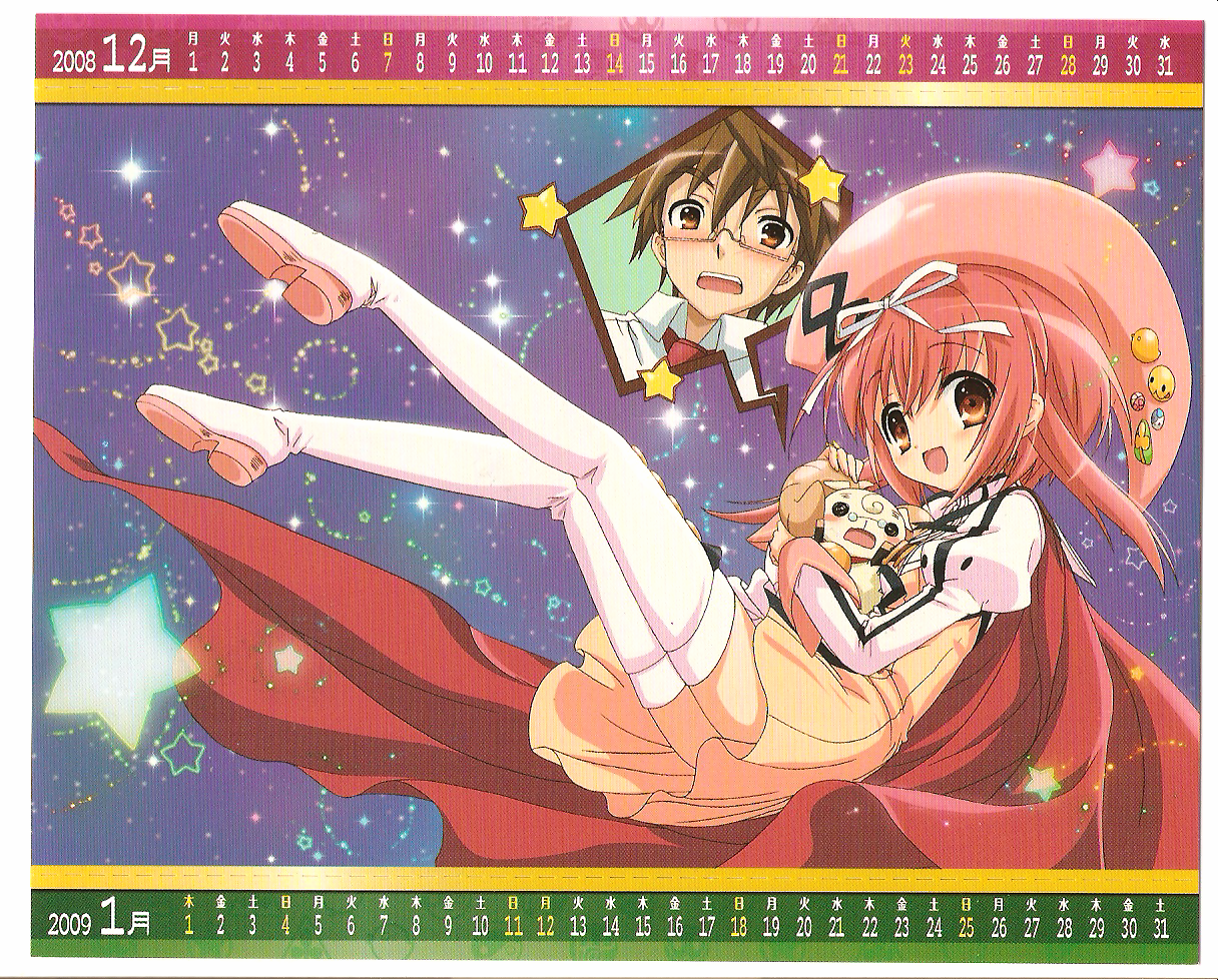 akihime sumomo, yuki-chan, nanatsuiro drops, 00s, 1boy, :d, brown eyes, cloak, hair ribbon, open mouth, pink hair, red hair, ribbon, smile, star (symbol)