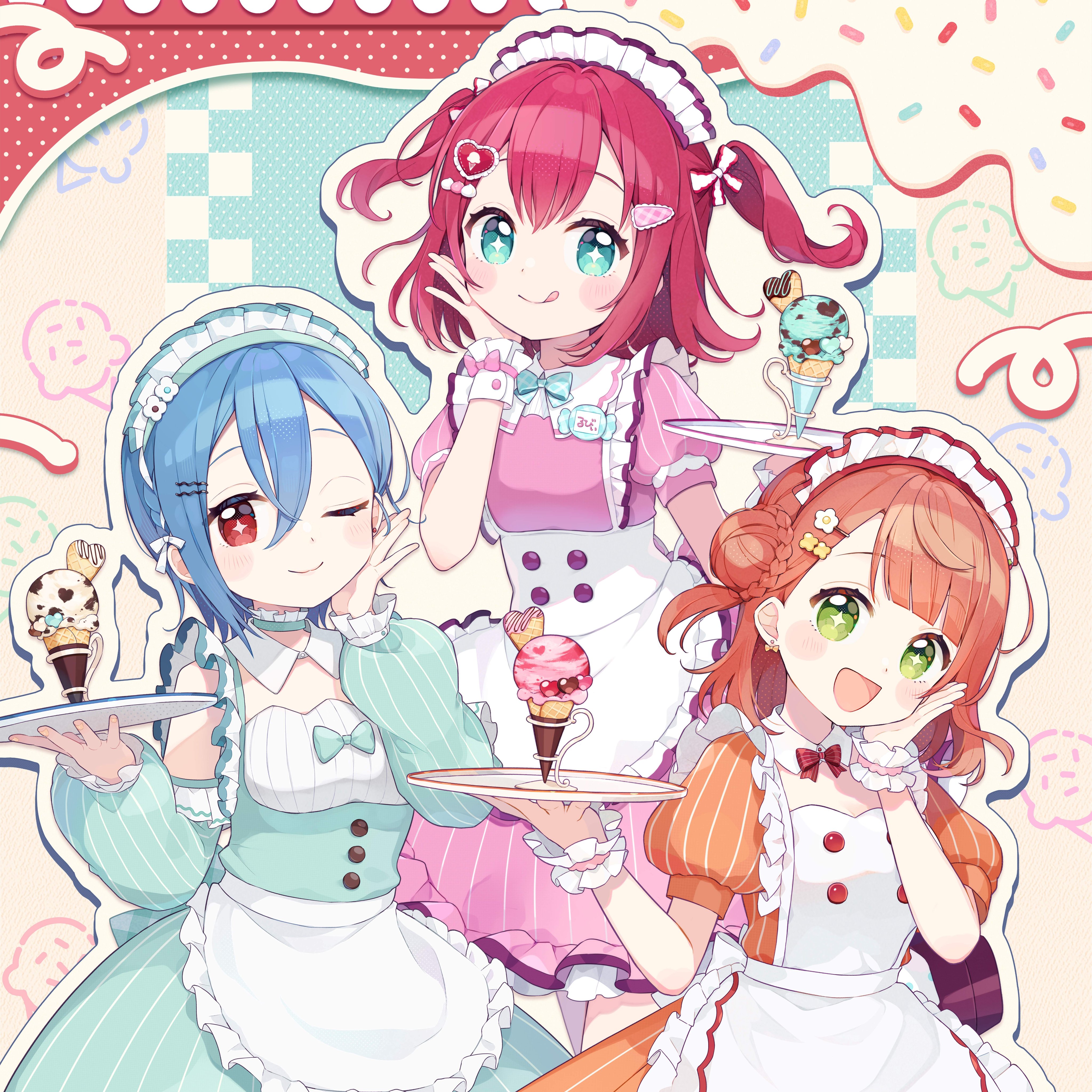 kurosawa ruby, uehara ayumu, wakana shiki, love live!, love live! nijigasaki high school idol club, love live! sunshine!!, love live! superstar!!, absurdres, artist request, highres, official art, + +, 3girls, alternate costume, apron, blue eyes, blue hair, blurry, blush, dessert, feet out of frame, food, green eyes, holding, holding plate, long hair, long sleeves, maid, maid apron, maid headdress, multiple girls, official alternate costume, one eye closed, orange hair, plate, red eyes, red hair, short hair, smile, standing, tongue, tongue out, wrist cuffs