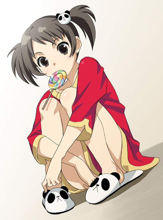 mattaku mousuke, original, 1girl, black hair, brown eyes, candy, dutch angle, fang, female focus, food, full body, gradient background, hugging own legs, lollipop, mouth hold, shirt, sitting, slippers, solo, swirl lollipop, t-shirt, twintails