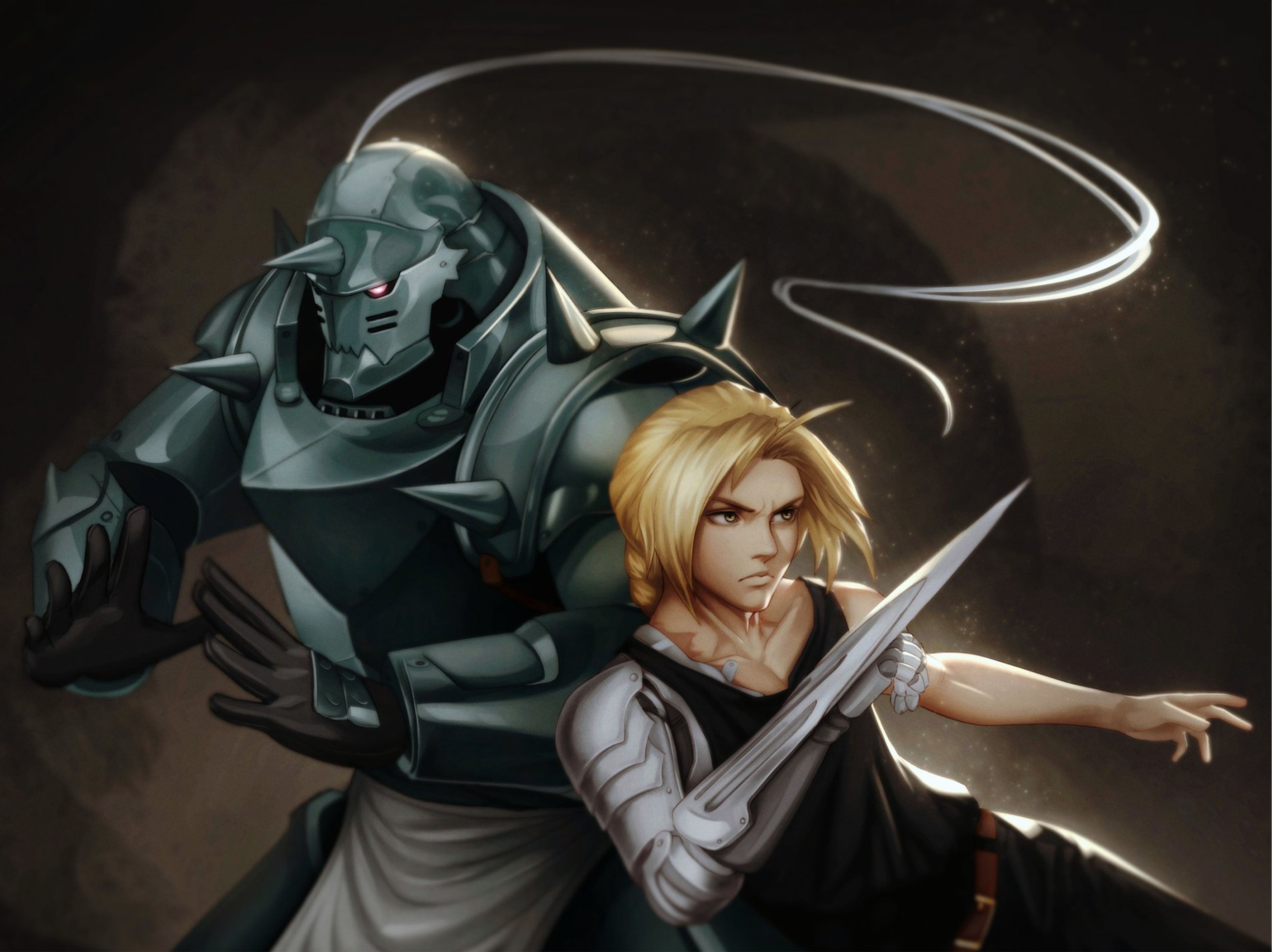 danieljoyniel, alphonse elric, edward elric, fullmetal alchemist, absurdres, highres, 2boys, ahoge, apron, armor, black gloves, black pants, black tank top, blonde hair, braid, brothers, brown background, closed mouth, fighting stance, full armor, furrowed brow, gloves, glowing, glowing eyes, helm, helmet, long hair, male focus, mechanical arms, multiple boys, pants, parted bangs, plume, prosthetic weapon, shoulder spikes, siblings, simple background, single braid, single mechanical arm, spikes, tank top, waist apron, yellow eyes