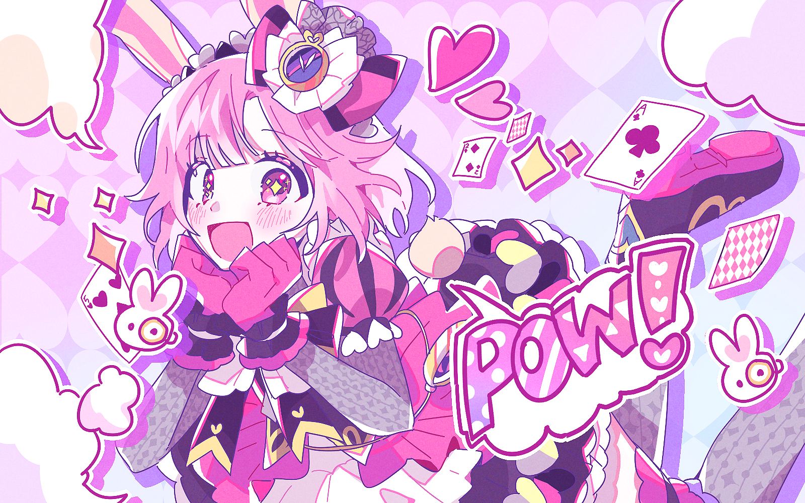 89 (8989 99), ootori emu, project sekai, commentary request, highres, 1girl, ace (playing card), ace of clubs, animal ears, black boots, black bow, black bowtie, black dress, black thighhighs, blunt bangs, blush, boots, bow, bowtie, broken heart print, card, clock, club (shape), diamond (shape), dress, fake animal ears, five of hearts, frilled dress, frills, gloves, hair bow, hair ornament, hairband, heart, high heel boots, high heels, looking at viewer, multicolored dress, official alternate costume, open mouth, pink dress, pink eyes, pink gloves, pink hair, playing card, puffy short sleeves, puffy sleeves, rabbit ears, rabbit symbol, short hair, short sleeves, solo, star-shaped pupils, star (symbol), symbol-shaped pupils, thighhighs, two-tone dress, two of diamonds, wonder magical showtime! (project sekai)