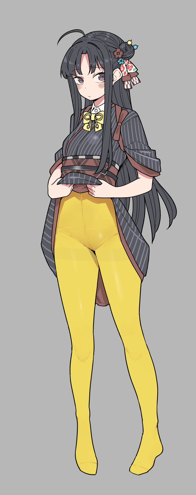 tanaka ahiru, awa subaru, girls band cry, commentary, highres, 1girl, ahoge, black eyes, black hair, black kimono, blush, closed mouth, clothes lift, grey background, hair bun, japanese clothes, kimono, kimono lift, kuuhaku to catharsis, long hair, looking at viewer, no shoes, panties, panties under pantyhose, pantyhose, parted bangs, sidelocks, simple background, single side bun, solo, underwear, yellow pantyhose