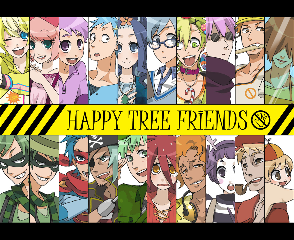 kurara, cro-marmot (happy tree friends), cuddles (happy tree friends), disco bear (happy tree friends), flaky (happy tree friends), flippy (happy tree friends), giggles (happy tree friends), handy (happy tree friends), lifty (happy tree friends), lumpy (happy tree friends), mime (happy tree friends), nutty (happy tree friends), petunia (happy tree friends), pop (happy tree friends), russell (happy tree friends), shifty (happy tree friends), sniffles (happy tree friends), splendid (happy tree friends), the mole (happy tree friends), toothy (happy tree friends), happy tree friends, bad id, bad pixiv id, 3boys, 6+girls, animification, black hair, blonde hair, blue eyes, blue hair, brown eyes, brown hair, column lineup, everyone, green eyes, green hair, grid lineup, hat, military, military uniform, multiple boys, multiple girls, nervous, personification, purple hair, red eyes, red hair