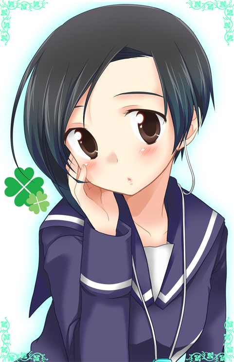 shiratama, shiratama yomogi, kobayakawa rinko, love plus, 1girl, black hair, blush, bob cut, brown eyes, clover, earbuds, earphones, female focus, four-leaf clover, school uniform, short hair, solo