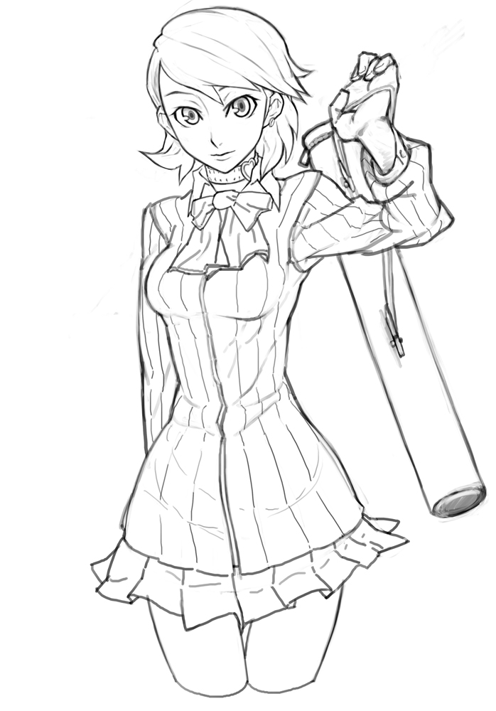 masn (moxi), takeba yukari, atlus, persona, persona 3, 1girl, cardigan, choker, earrings, female focus, greyscale, jewelry, miniskirt, monochrome, ribbon, school uniform, short hair, skirt, smile, solo