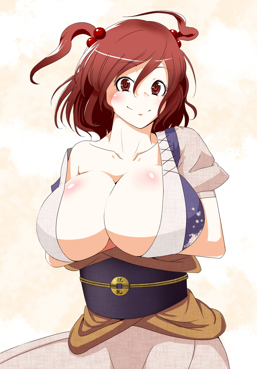 nekoarashi, yana (nekoarashi), onozuka komachi, touhou, breast hold, bad id, bad pixiv id, highres, 1girl, bare shoulders, blush, breasts, brown eyes, brown hair, center opening, cleavage, female focus, hair bobbles, hair ornament, huge breasts, looking at viewer, off shoulder, red hair, short hair, smile, solo, twintails, two side up