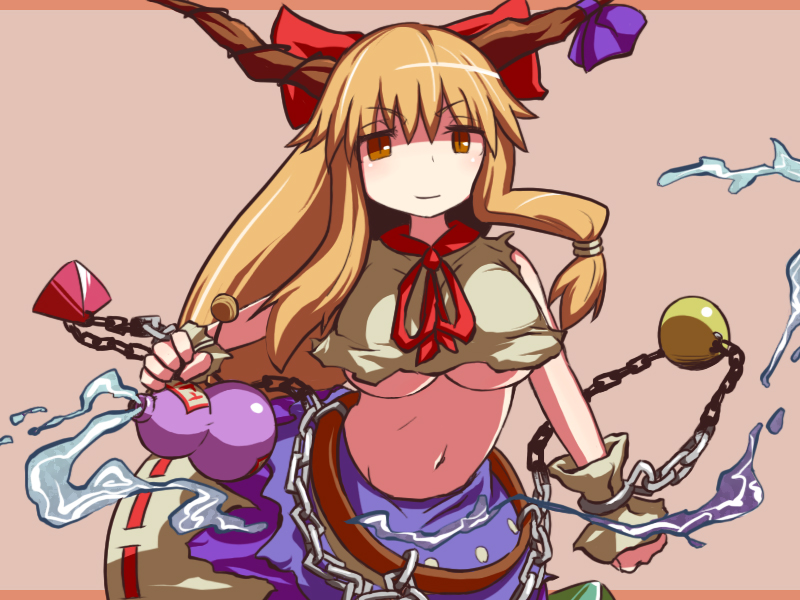 hakika, ibuki suika, touhou, bad id, bad pixiv id, 1girl, aged up, breasts, brown eyes, brown hair, chain, crop top, female focus, gourd, horns, large breasts, long hair, matching hair/eyes, midriff, navel, orange eyes, orange hair, solo, underboob