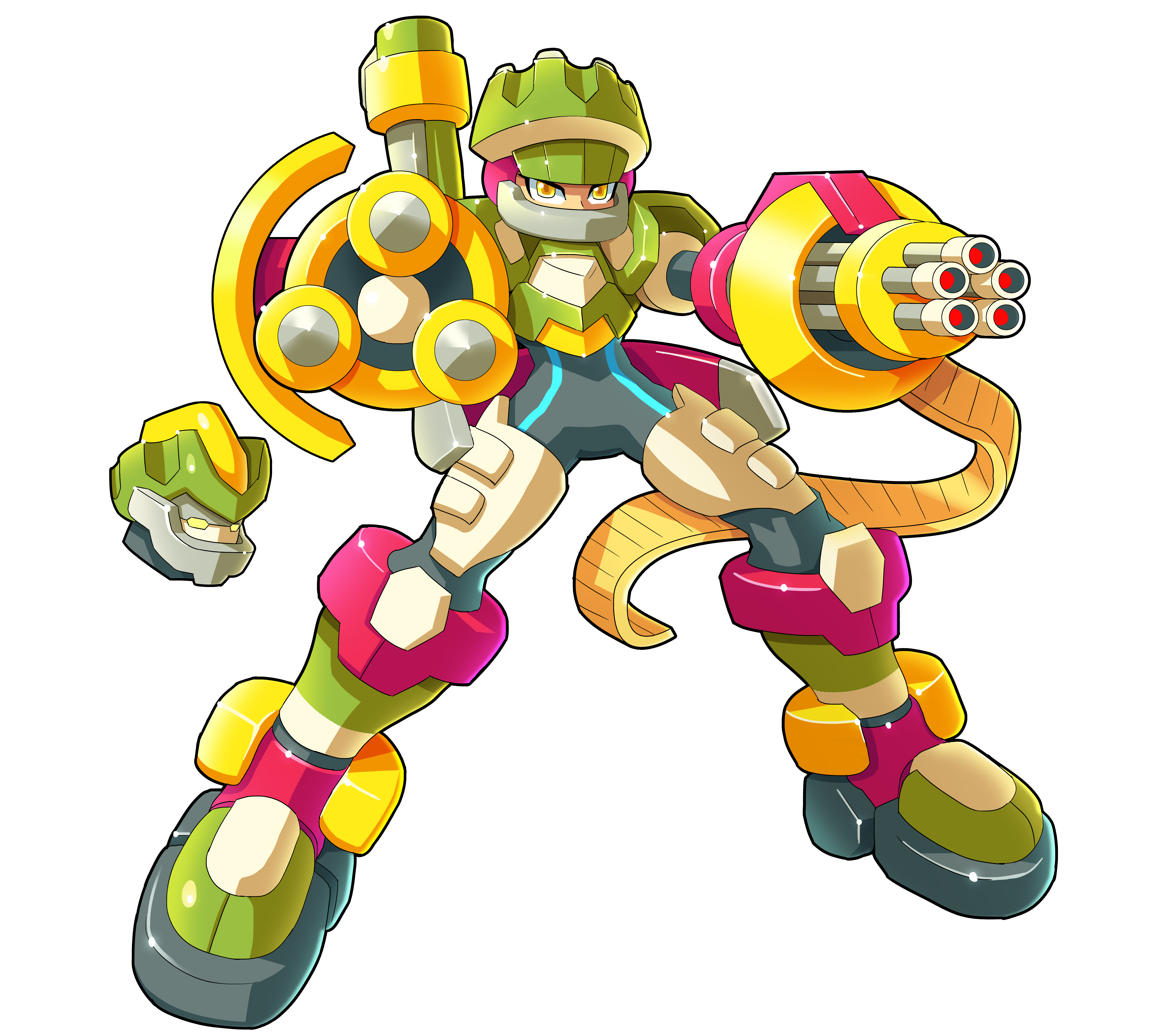 ultimatemaverickx, battalion (mighty no. 9), mega man (series), mega man zx, mighty no. 9, absurdres, highres, tagme, ammunition belt, android, arm cannon, armor, biometal, dual arm cannons, full body, gatling gun, green helmet, helmet, legs apart, weapon, white background, yellow eyes