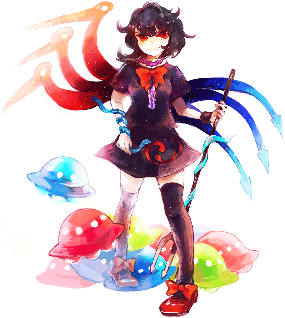 az, azuma aya, houjuu nue, touhou, >:), 1girl, black hair, black thighhighs, colorful, female focus, messy hair, pigeon-toed, polearm, red eyes, ribbon, short hair, simple background, snake, solo, spear, standing, thighhighs, trident, ufo, v-shaped eyebrows, weapon, white background, wings, zettai ryouiki