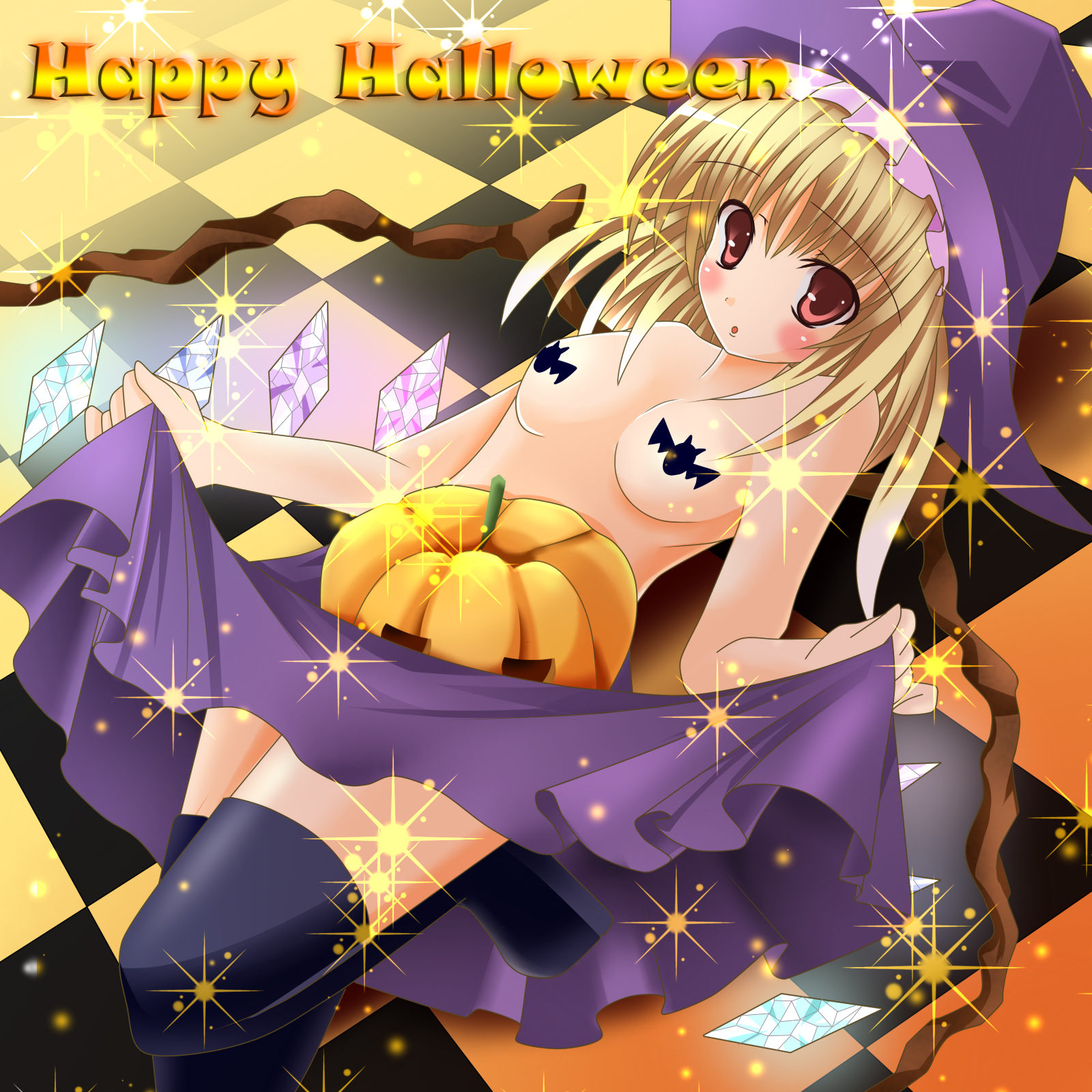 lio (maguri), flandre scarlet, embodiment of scarlet devil, touhou, bad id, bad pixiv id, highres, 1girl, bad anatomy, bat (animal), blonde hair, breasts, female focus, halloween, happy halloween, medium breasts, pasties, poorly drawn, red eyes, solo, sparkle, thighhighs, wings