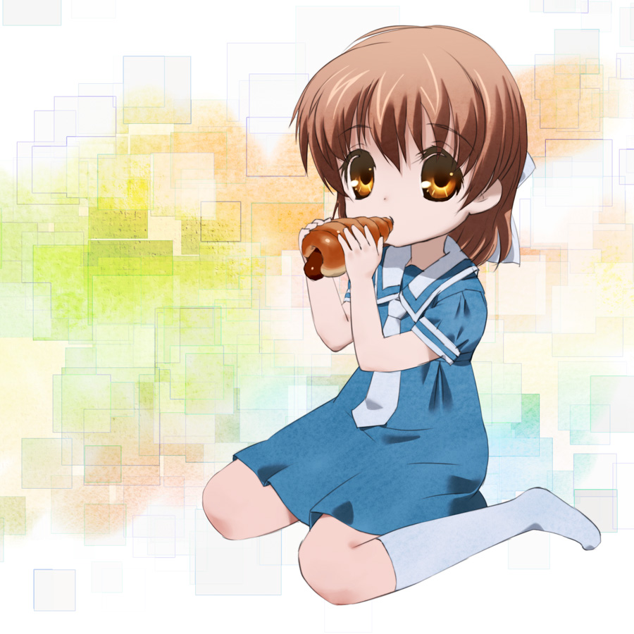 okayu (crosspoint), okazaki ushio, clannad, bad id, bad pixiv id, 00s, brown eyes, brown hair, child, chocolate cornet, dress, food, kneeling, sailor dress, school uniform, socks, solo
