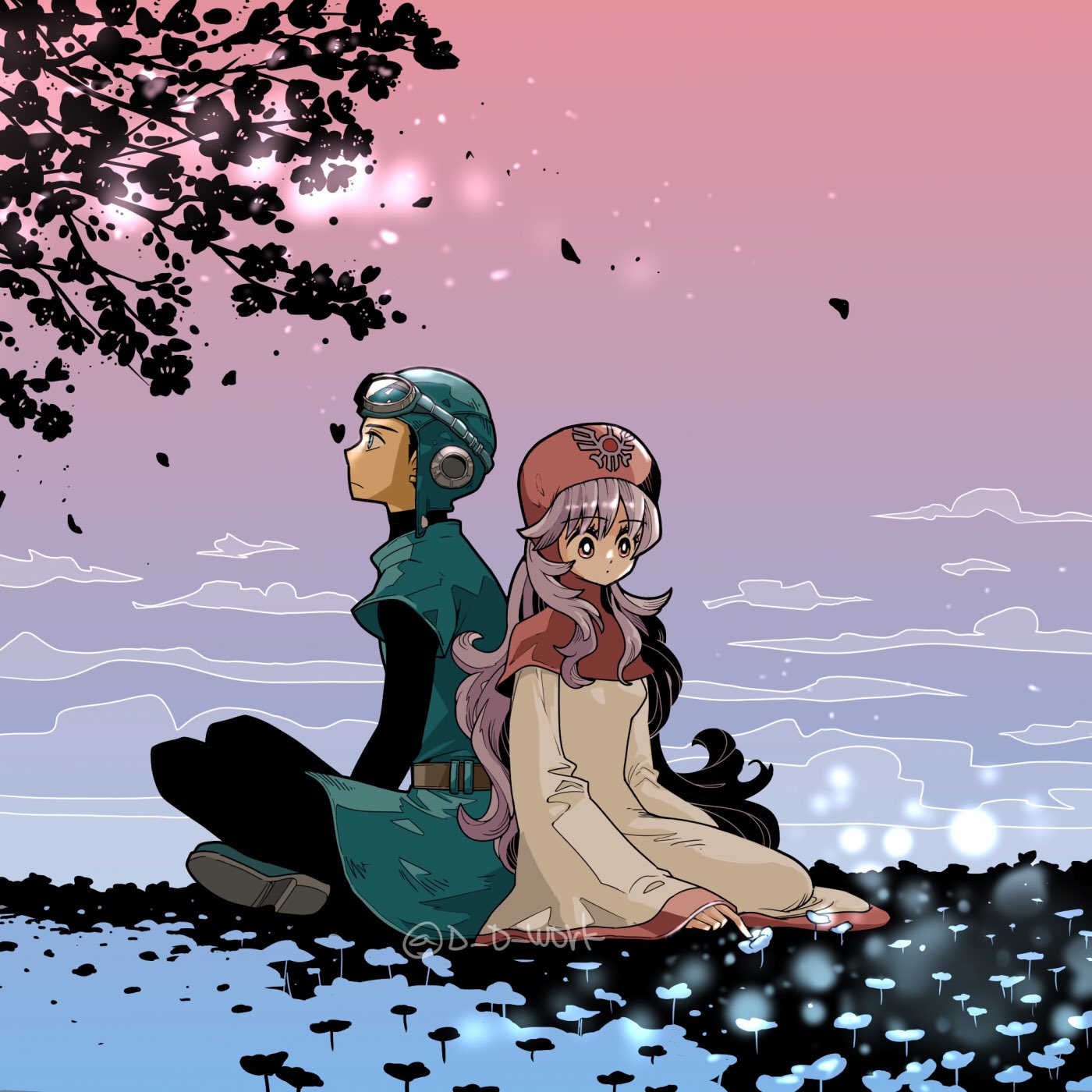 d d work, prince of lorasia, princess of moonbrook, dragon quest, dragon quest ii, highres, 1boy, 1girl, aqua boots, aqua hat, aqua tunic, aviator cap, aviator goggles, back-to-back, black bodysuit, black hair, bodysuit, boots, breasts, capelet, cloud, cloudy sky, falling leaves, full body, goggles, goggles on head, hat, hood, hood up, hooded capelet, indian style, kneeling, leaf, long hair, medium breasts, outdoors, pink capelet, pink eyes, purple hair, robe, roto's emblem, short hair, sitting, sky, tunic, white robe, wide sleeves