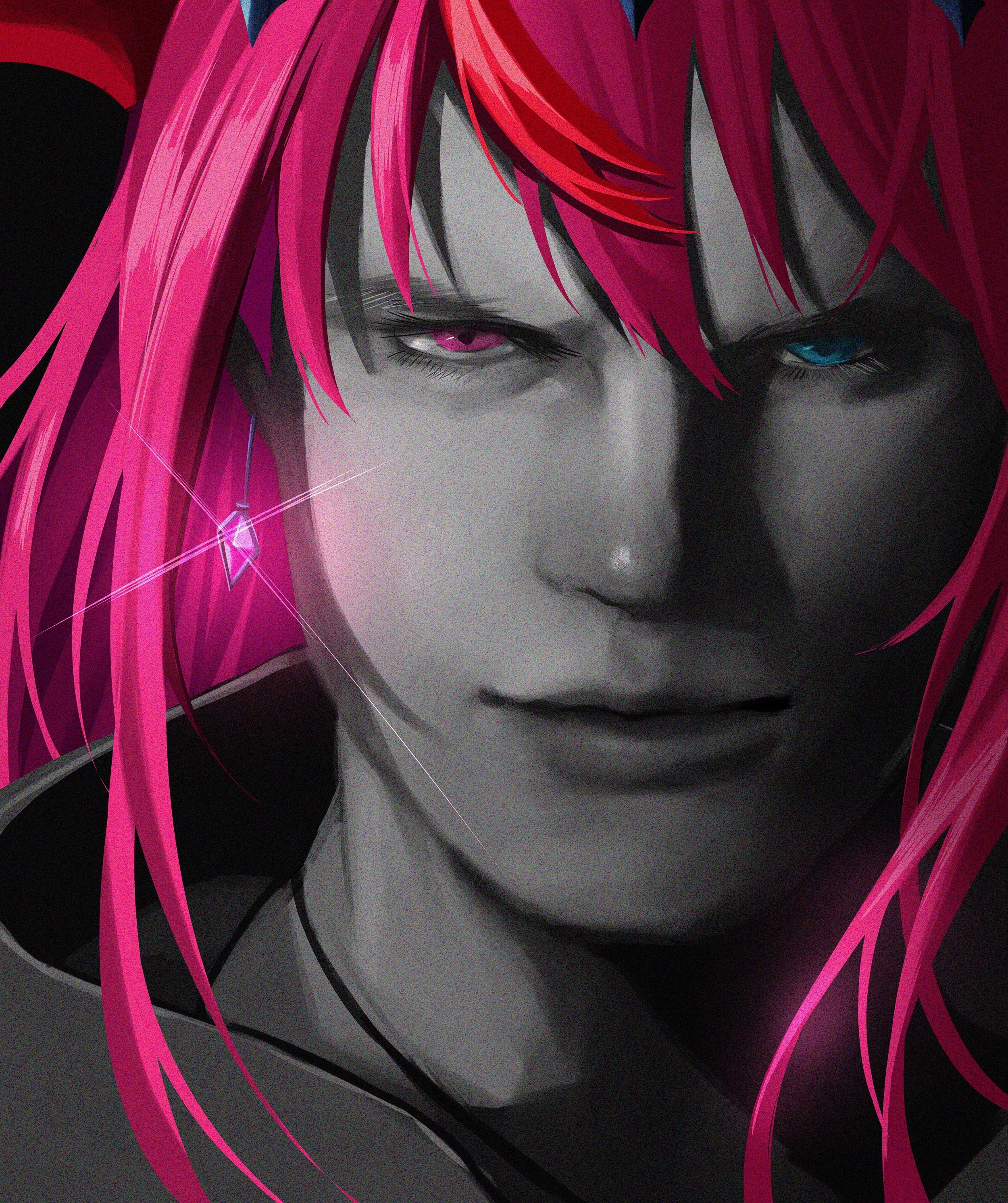 kisaragi tsurugi, irys (hololive), nero (devil may cry), devil may cry (series), devil may cry 5, hololive, hololive english, absurdres, highres, photo-referenced, 1girl, blue eyes, closed mouth, cosplay, crossdressing, diamond earrings, earrings, eyelashes, glint, heterochromia, high collar, jewelry, looking at viewer, multicolored hair, nero (devil may cry) (cosplay), nose, pink eyes, pink hair, realistic, red hair, smile, solo, streaked hair, two-tone hair