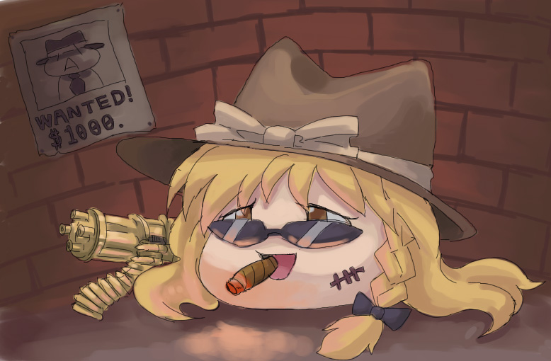 teruki, kirisame marisa, touhou, wall, blonde hair, chibi, cigar, fedora, female focus, gatling gun, gun, hat, no humans, poster (object), ribbon, scar, solo, sunglasses, wanted poster, weapon, yukkuri shiteitte ne