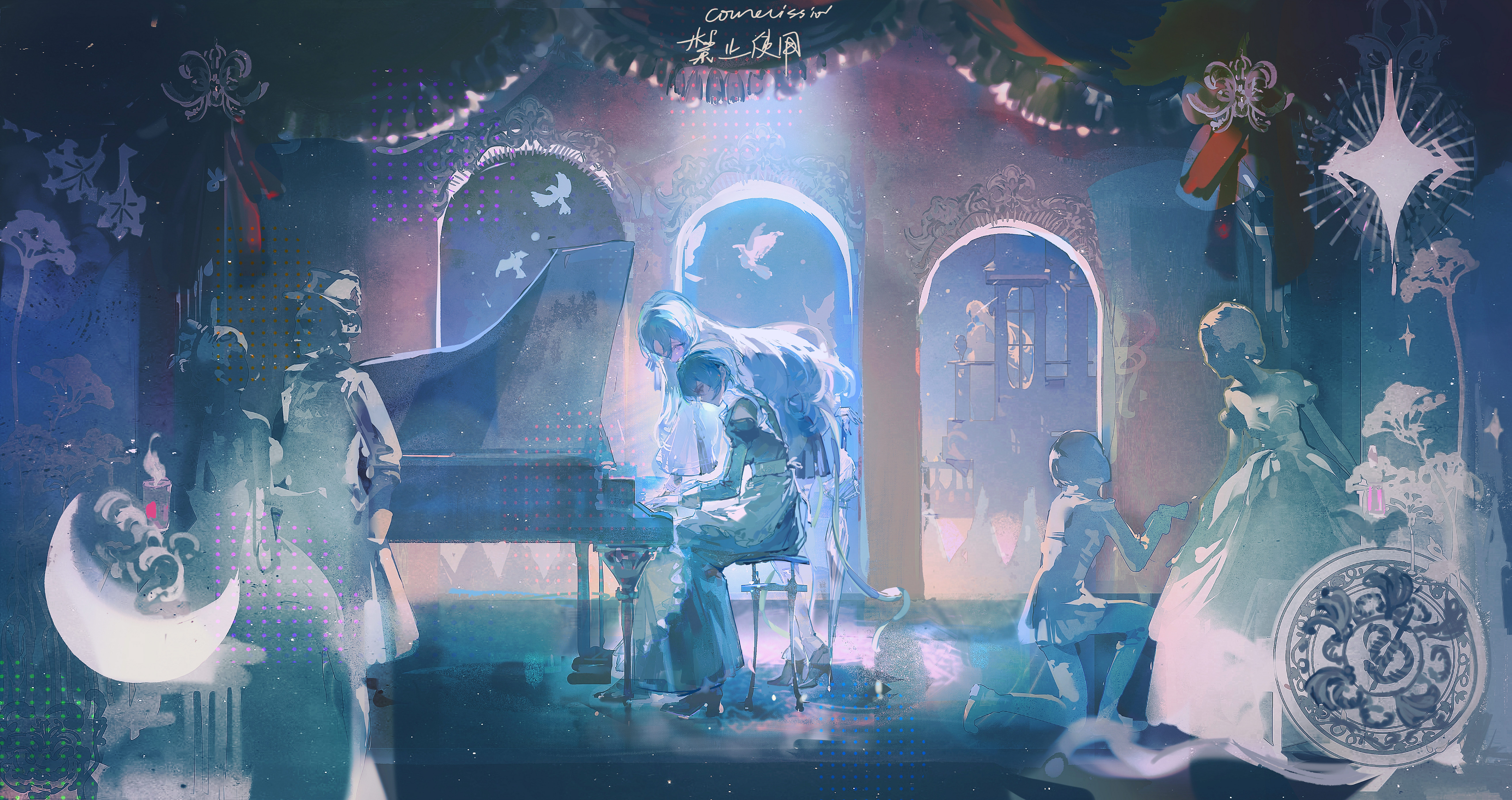 absurdres, character request, commission, copyright request, highres, 2girls, apron, bird, black dress, black shoes, black skirt, blue hair, chinese text, dress, english text, frilled apron, frills, grand piano, instrument, juliet sleeves, long dress, long hair, long sleeves, miniskirt, multiple girls, people, piano, pleated skirt, puffy sleeves, shoes, short hair, sitting, skirt, very long hair, white apron, zhichitianshi