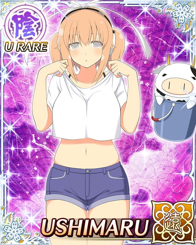 ushimaru (senran kagura), ushiwakamaru (senran kagura), senran kagura, senran kagura new wave, game cg, official art, third-party source, 1girl, :o, arms up, border, bra strap, breasts, bright pupils, bucket, card (medium), character name, cow, crop top, crop top overhang, cropped shirt, deadpan, denim, denim shorts, grey eyes, hair ribbon, headphones, large breasts, looking at viewer, medium hair, navel, orange hair, ribbon, shirt, short twintails, shorts, skindentation, solo, twintails, white pupils, white ribbon, white shirt