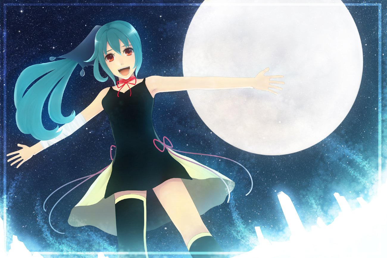 sakimori (hououbds), nimi, vocaloid, 1girl, aqua hair, bare shoulders, bow, dress, female focus, moon, night, open mouth, ponytail, red eyes, single thighhigh, solo, thighhighs