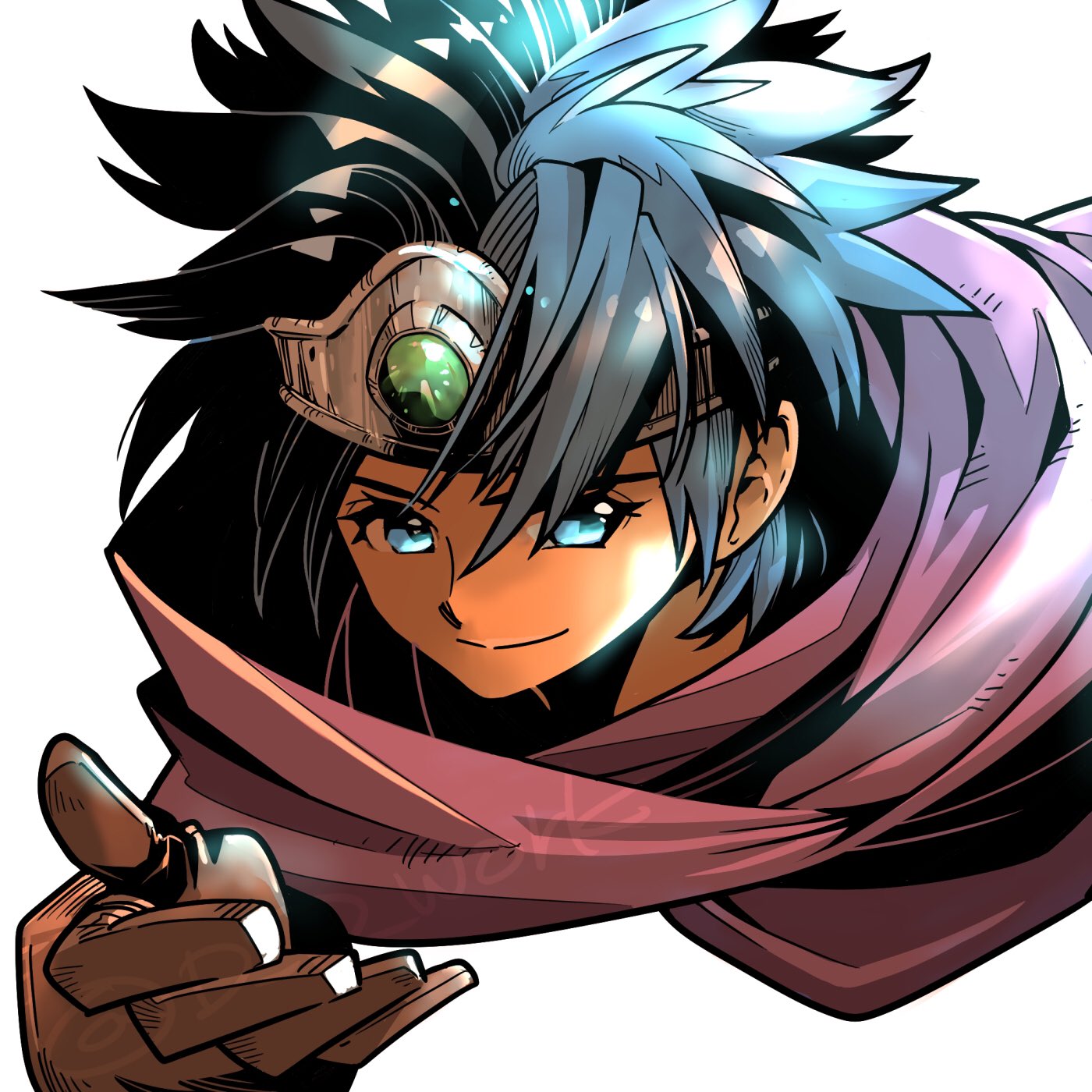 d d work, hero (dq3), dragon quest, dragon quest iii, highres, 1boy, black hair, blue eyes, brown gloves, circle, cloak, closed mouth, forehead protector, gem, gloves, green gem, hair between eyes, male focus, outstretched hand, red cloak, smile, solo, spiked hair, upper body, white background