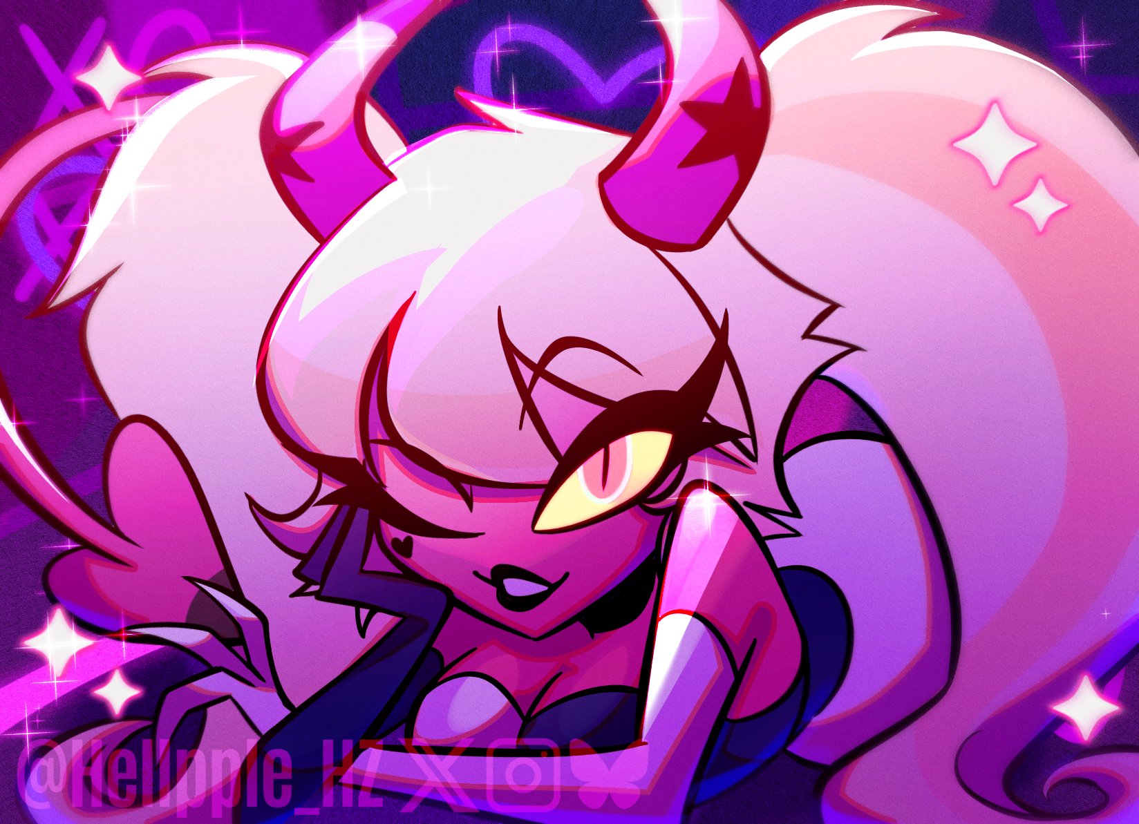 hellpple hz, verosika mayday, hellaverse, helluva boss, highres, 1girl, breasts, colored sclera, colored skin, demon girl, demon horns, demon tail, horns, large breasts, long hair, looking at viewer, pink background, pink skin, solo, tail, twintails, yellow sclera