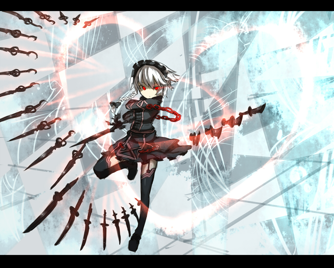 ganesagi, izayoi sakuya, embodiment of scarlet devil, touhou, silver hair, bad id, bad pixiv id, 1girl, alternate costume, black thighhighs, braid, female focus, garter belt, knife, letterboxed, red eyes, solo, thighhighs, throwing knife, weapon, zettai ryouiki