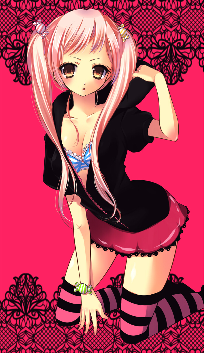 yuga, yugaa, original, bad id, bad pixiv id, highres, 1girl, bra, breasts, brown eyes, cleavage, female focus, large breasts, lingerie, open clothes, open shirt, pink hair, shirt, solo, striped bra, striped clothes, striped thighhighs, thighhighs, twintails, underwear