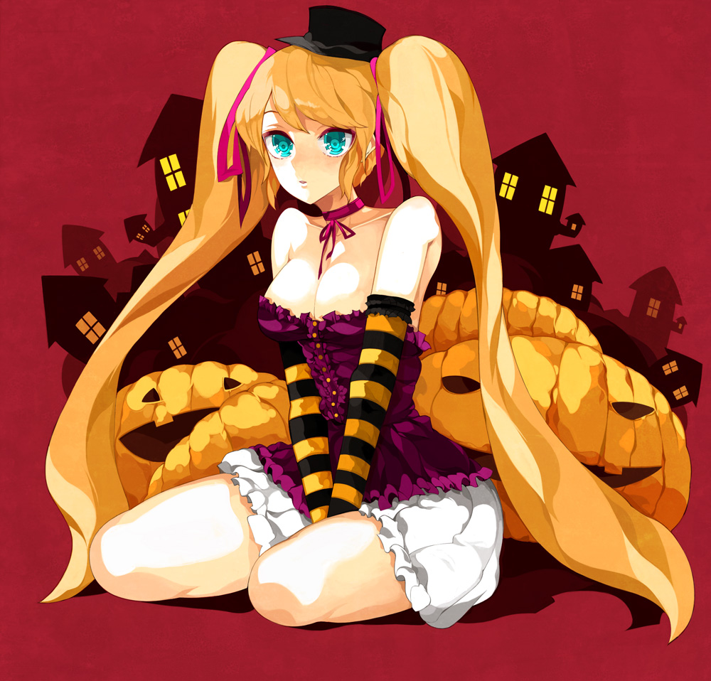 kakaaru, original, striped, bad id, bad pixiv id, 1girl, blonde hair, breasts, choker, cleavage, corset, female focus, full body, halloween, hat, jack-o'-lantern, long hair, medium breasts, neck ribbon, pumpkin, ribbon, ribbon choker, solo, twintails, very long hair