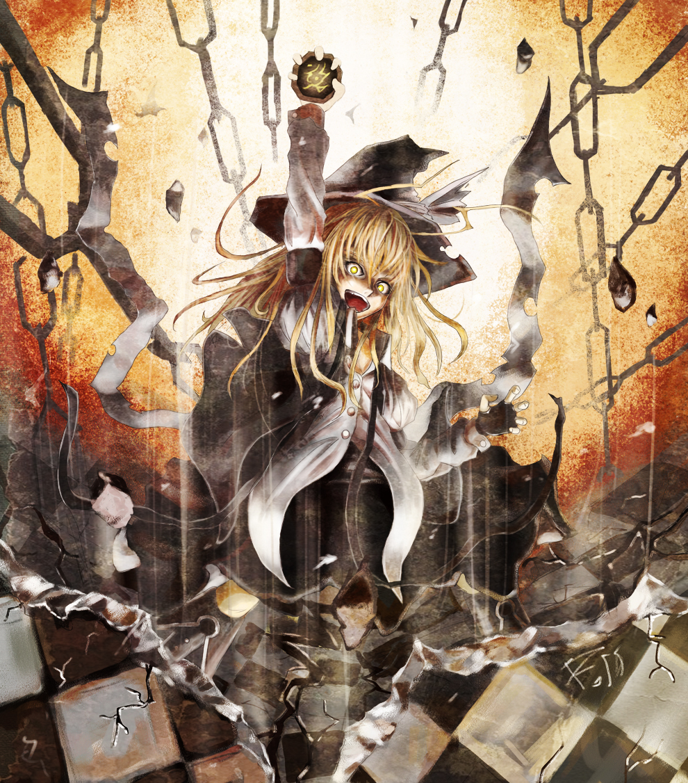 ross (clumzero), kirisame marisa, touhou, 1girl, blonde hair, braid, broken ground, chain, checkered floor, crack, crazy eyes, destruction, female focus, fingerless gloves, floating, floating object, floor, gloves, hat, mini-hakkero, open mouth, shaded face, solo, witch, witch hat, yellow eyes