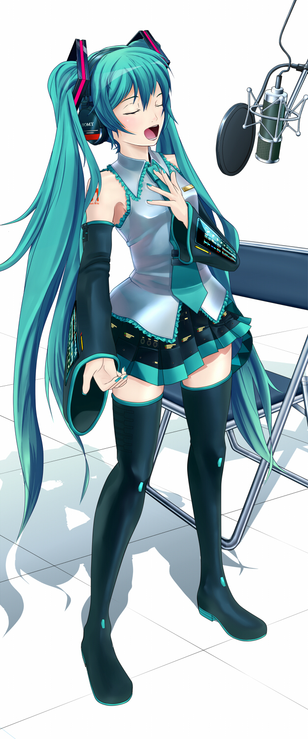 eto, hatsune miku, vocaloid, bad id, bad pixiv id, highres, 1girl, aqua hair, aqua nails, chair, closed eyes, female focus, legs, long hair, microphone, nail polish, necktie, open mouth, skirt, solo, thighhighs, twintails, very long hair, zettai ryouiki