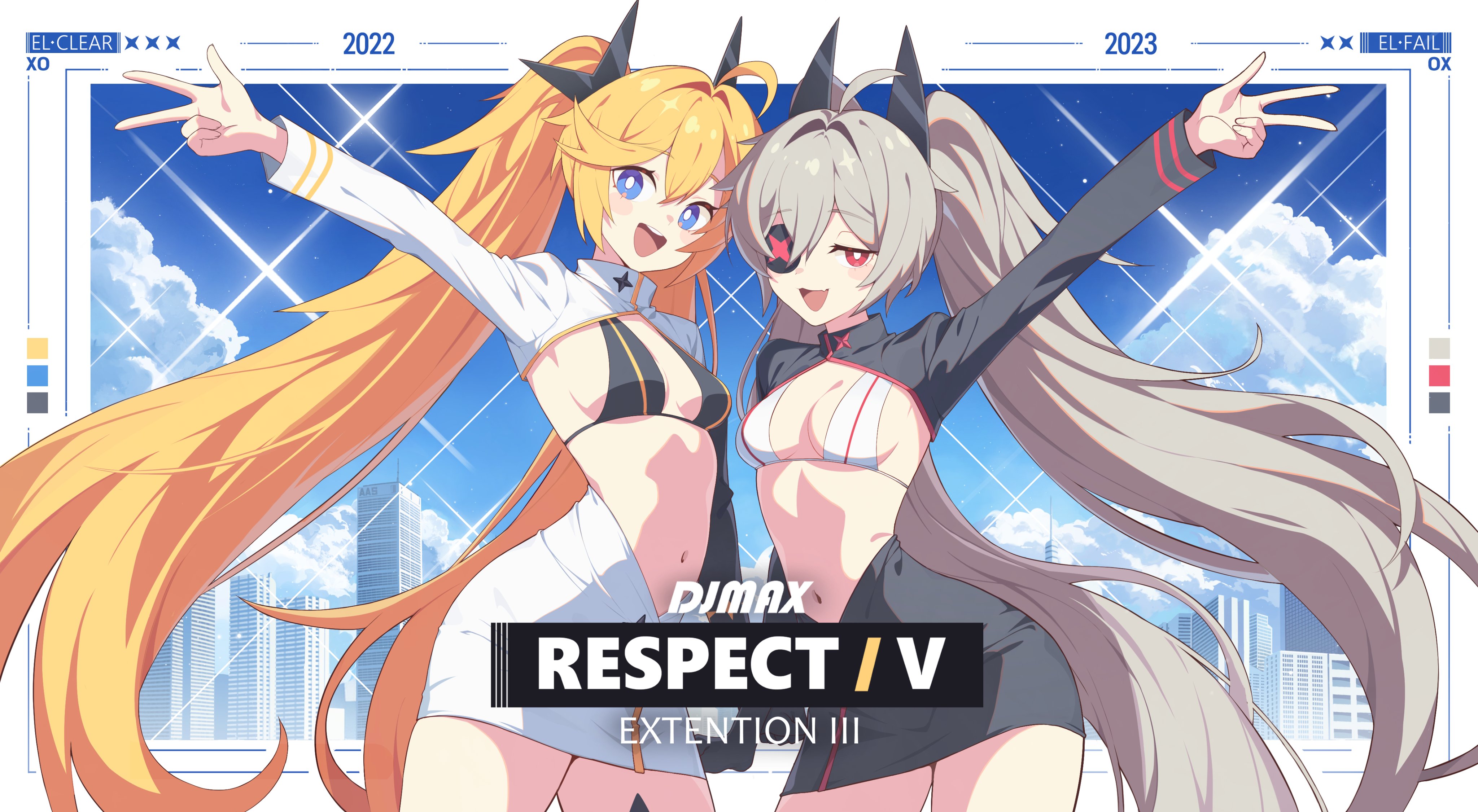 parack, clear (djmax), fail (djmax), djmax, djmax respect, absurdres, highres, 2girls, ahoge, bikini, bikini top only, black skirt, blonde hair, blue eyes, blush stickers, breasts, bright pupils, building, character name, cloud, copyright name, cowboy shot, diffraction spikes, english text, eyepatch, fang, grey hair, hair ornament, half-closed eyes, long hair, long sleeves, looking at viewer, miniskirt, multiple girls, navel, open mouth, outstretched arm, pencil skirt, red eyes, round teeth, shrug (clothing), skin fang, skirt, skyscraper, small breasts, smile, swimsuit, teeth, timestamp, twintails, upper teeth only, very long hair, w, white pupils, white skirt