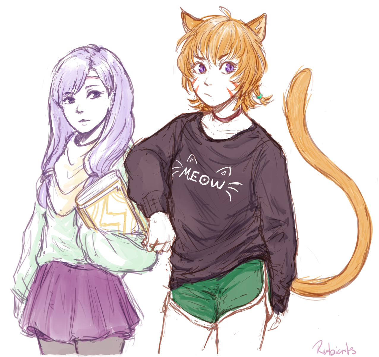 rubi arts, ilyana (fire emblem), lethe (fire emblem), fire emblem, fire emblem: path of radiance, nintendo, commentary, english commentary, highres, 2girls, alternate costume, animal ears, artist name, book, cat ears, cat girl, dolphin shorts, long hair, multiple girls, orange hair, pantyhose, purple eyes, purple hair, purple skirt, short hair, shorts, simple background, skirt, tail
