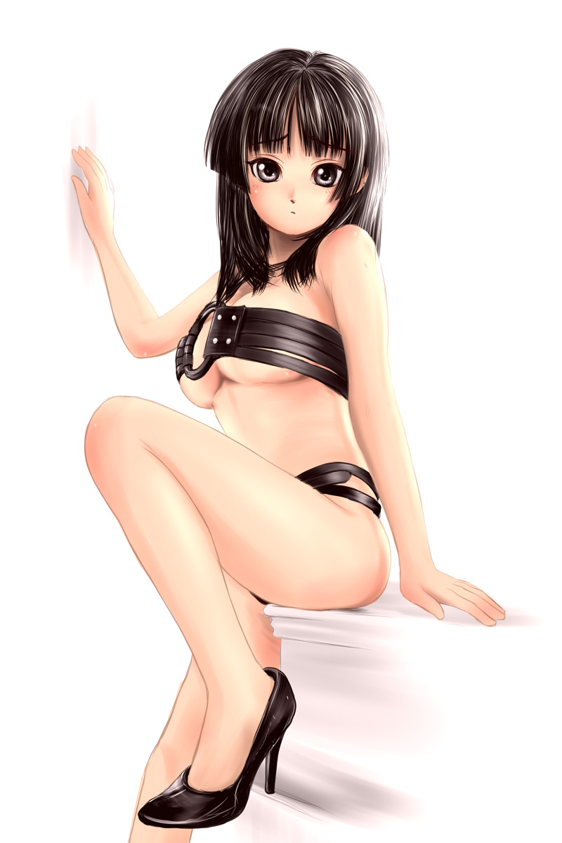 popopon, akiyama mio, k-on!, highres, 00s, 1girl, black eyes, black hair, breasts, female focus, high heels, long hair, shoes, sitting, solo, underboob