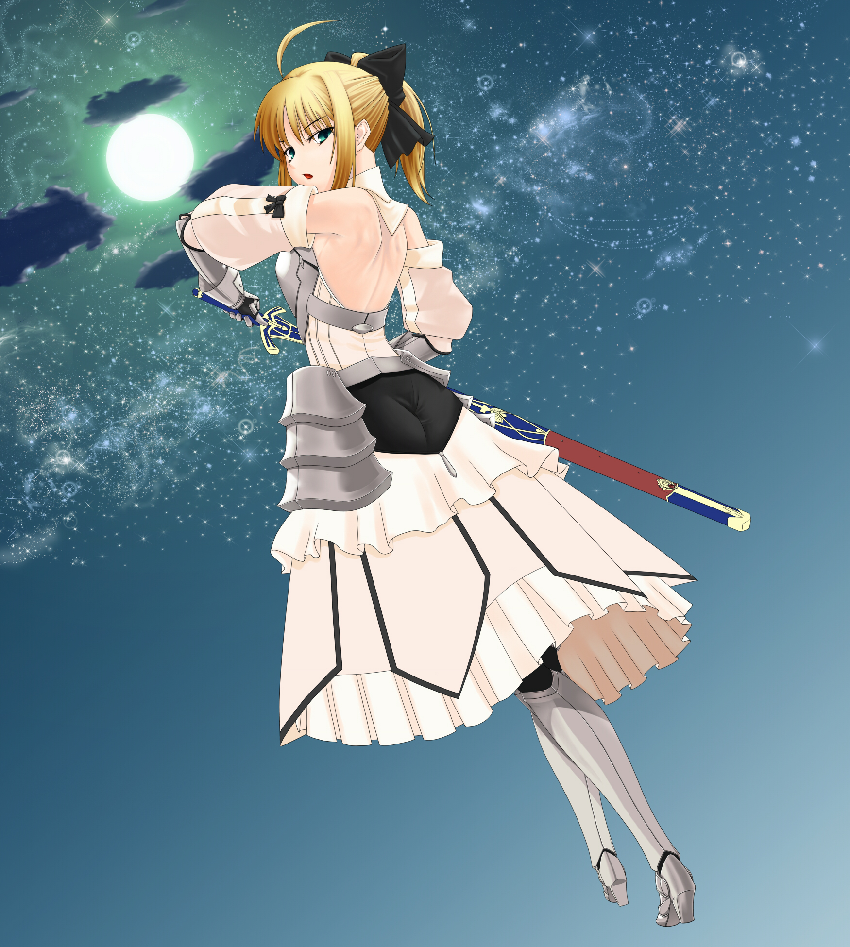 swimmer?, artoria pendragon (fate), saber (fate), saber lily, capcom, fate/stay night, fate/unlimited codes, fate (series), bad id, highres, 00s, 1girl, ahoge, armor, armored dress, back, blonde hair, bow, dress, female focus, green eyes, looking back, ponytail, solo, sword, weapon