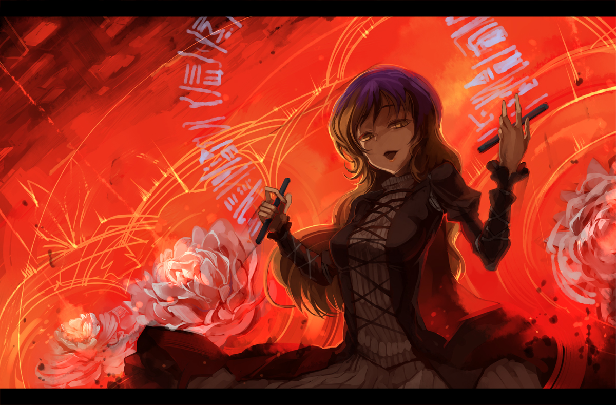 shimadoriru, hijiri byakuren, touhou, undefined fantastic object, 1girl, cape, danmaku, dress, female focus, flower, gradient hair, hokkai, letterboxed, long hair, lotus, makai (touhou), multicolored hair, open mouth, rape face, red theme, scroll, solo, sorcerer's sutra scroll, yellow eyes