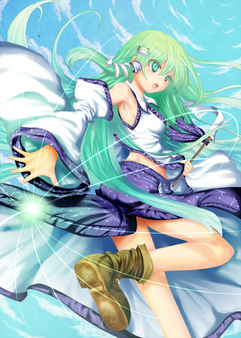 sumisu (mondo), kochiya sanae, touhou, bad id, bad pixiv id, 1girl, armpits, detached sleeves, female focus, frog, green eyes, green hair, hair ornament, matching hair/eyes, sky, snake, solo