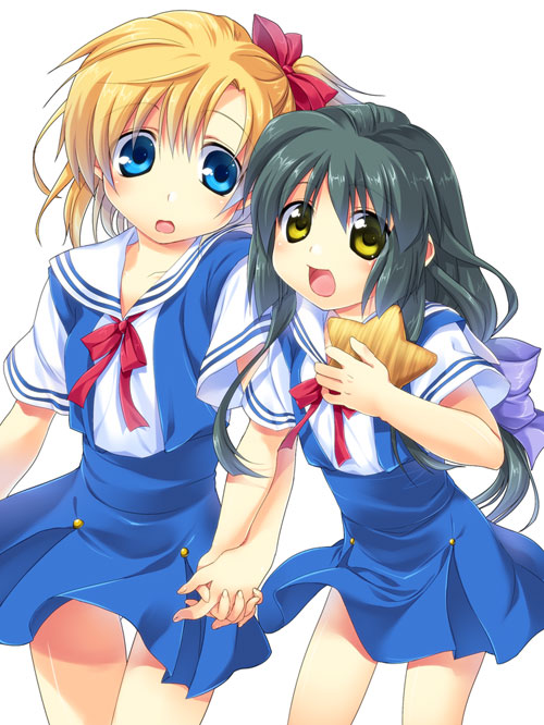 satomi yoshitaka, ibuki fuuko, sunohara youhei, sunohara youko, clannad, gender request, 00s, 2girls, blonde hair, blue eyes, female focus, genderswap, green hair, holding hands, long hair, multiple girls, school uniform, short hair, simple background, starfish, white background, yellow eyes