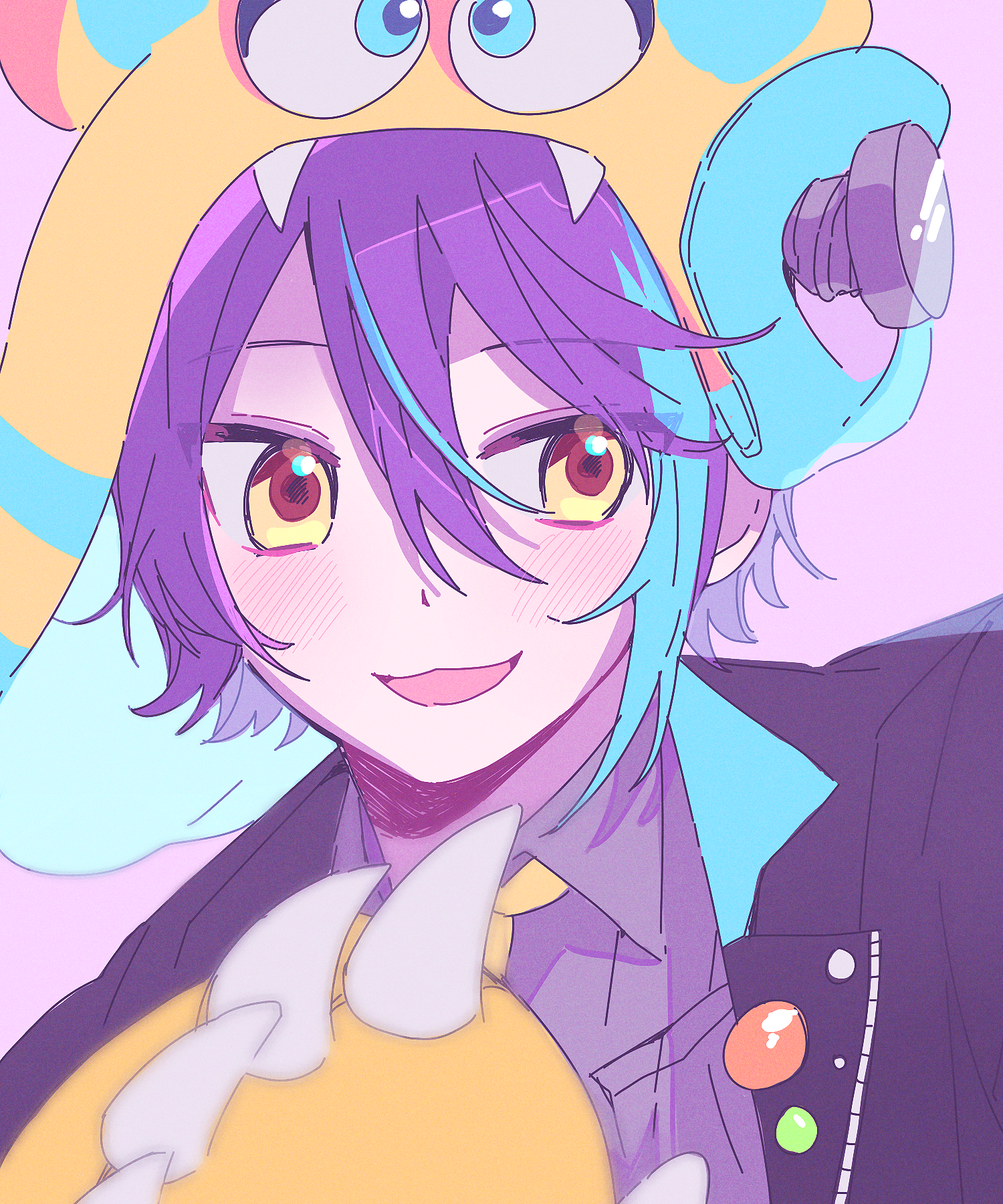 89 (8989 99), kamishiro rui, project sekai, commentary request, highres, 1boy, animal hands, aqua hair, aqua streaks, black jacket, blush, claws, collared shirt, gloves, grey shirt, hair between eyes, hat, hibiku twilight parade (project sekai), jacket, male focus, multicolored hair, necktie, official alternate costume, open mouth, paw gloves, portrait, purple hair, shirt, short hair, single glove, smile, solo, streaked hair, two-tone hair, yellow eyes, yellow gloves, yellow hat, yellow necktie