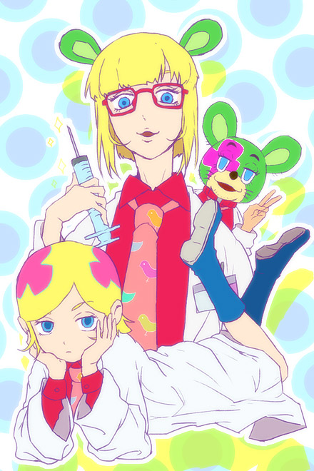 mimana, irabu ichirou, kuuchuu buranko, trapeze, 00s, 1boy, animal ears, bear, doctor, dual persona, glasses, lab coat, male focus, medical, multicolored hair, syringe, time paradox, trap