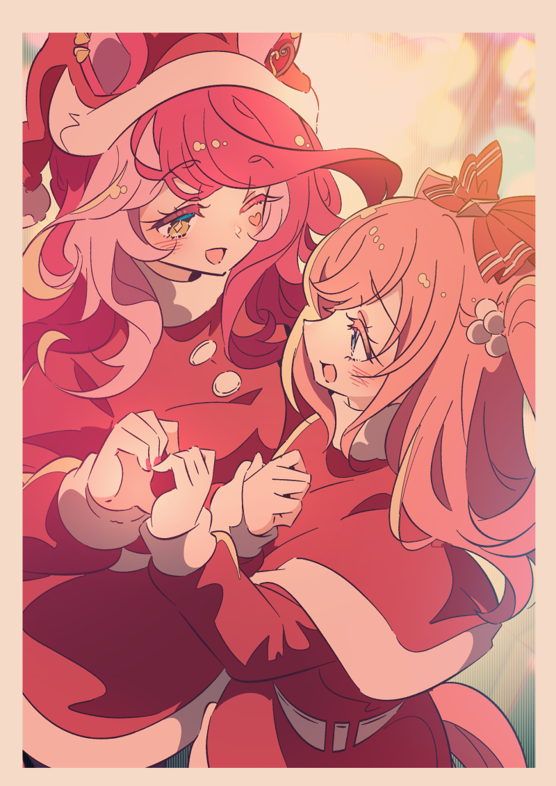 honkawa works, agnes digital (umamusume), loves only you (umamusume), umamusume, 2girls, animal ears, blush, bow, breasts, capelet, christmas, dress, ears through headwear, facial mark, fur-trimmed capelet, fur-trimmed dress, fur-trimmed headwear, fur trim, hair between eyes, hair bow, hair ornament, hat, heart, heart facial mark, heart hands, heart on cheek, horse ears, horse girl, horse tail, long hair, multicolored hair, multiple girls, one eye closed, open mouth, pink hair, red bow, red capelet, red dress, red hair, red nails, santa costume, santa dress, santa hat, smile, tail, yellow eyes, yuri