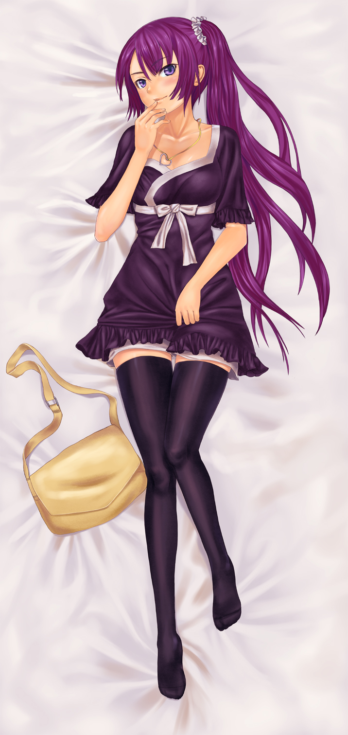 lasterk, senjougahara hitagi, bakemonogatari, monogatari (series), highres, 00s, 1girl, alternate costume, alternate hairstyle, bag, black thighhighs, blush, dakimakura (medium), dress, female focus, full body, legs, long hair, lying, on back, purple eyes, purple hair, shoulder bag, side ponytail, solo, thighhighs, very long hair, zettai ryouiki
