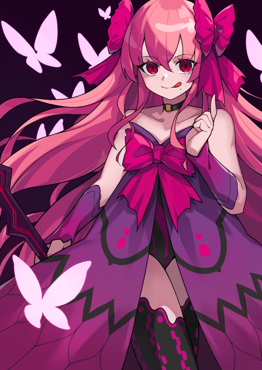 tierra misu, dead apostle noel (tsukihime), noel (tsukihime), tsukihime, tsukihime (remake), highres, 1girl, :p, black choker, black leotard, black thighhighs, boots, bow, bug, butterfly, choker, clothing cutout, crossed legs, cutout above navel, dress, dress bow, flat chest, hair between eyes, hair bow, holding, holding polearm, holding weapon, index finger raised, insect, leotard, leotard under clothes, long hair, looking at viewer, mole, mole under eye, mole under mouth, pink bow, pink hair, polearm, purple dress, red eyes, smile, solo, standing, thighhighs, tongue, tongue out, two side up, vampire, wavy hair, weapon